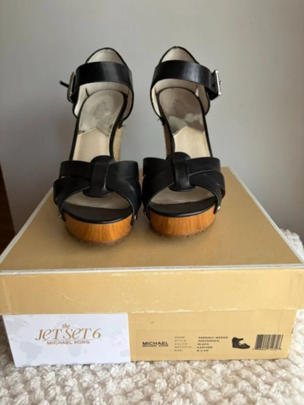 🖤 Michael Kors Somerly Black Leather Espadrille Wedge Sandals 8.5